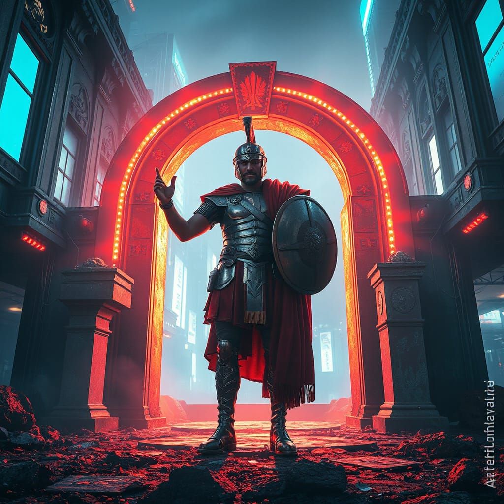 Centurion's Cyberpunk Portal: A Matte Painting