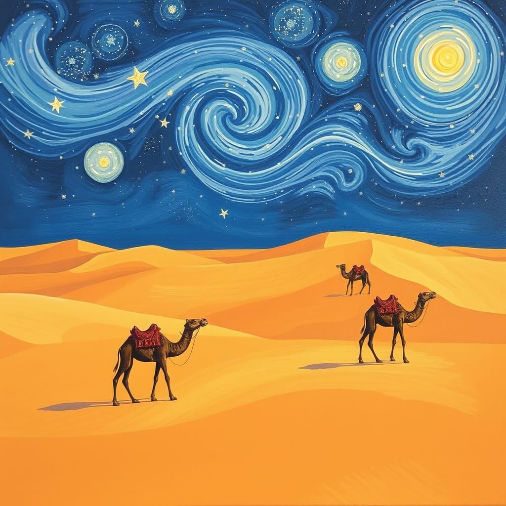 Camels in a Starry Desert Night