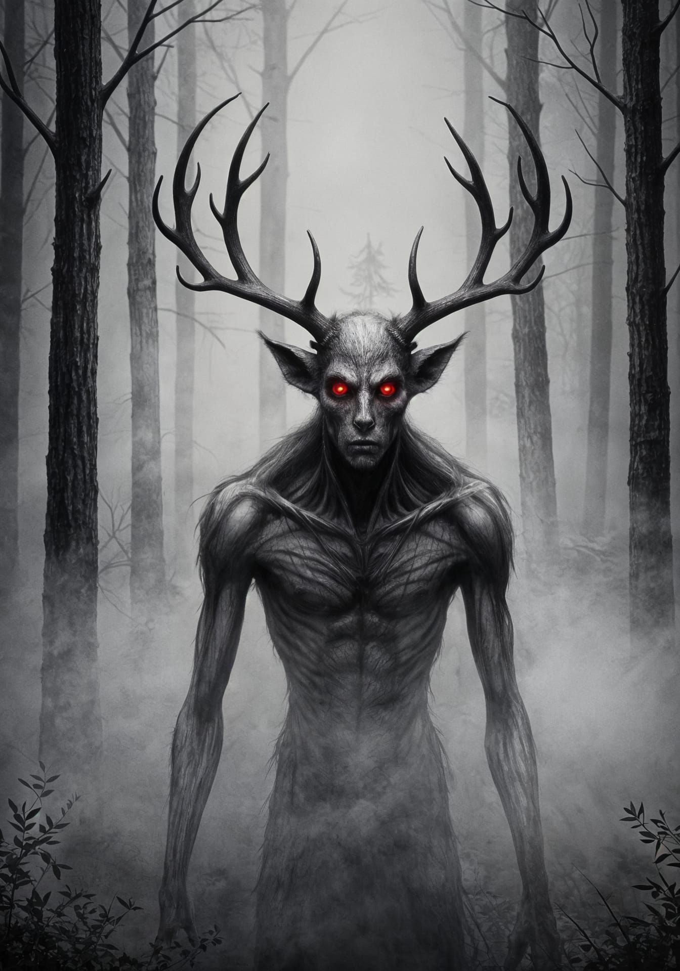 Beastly Figure in Fog with Glowing Eyes in Forest