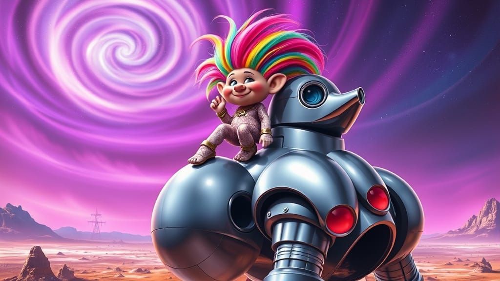 Rainbow Troll Perched on Chrome Robot, Retro-Futurism