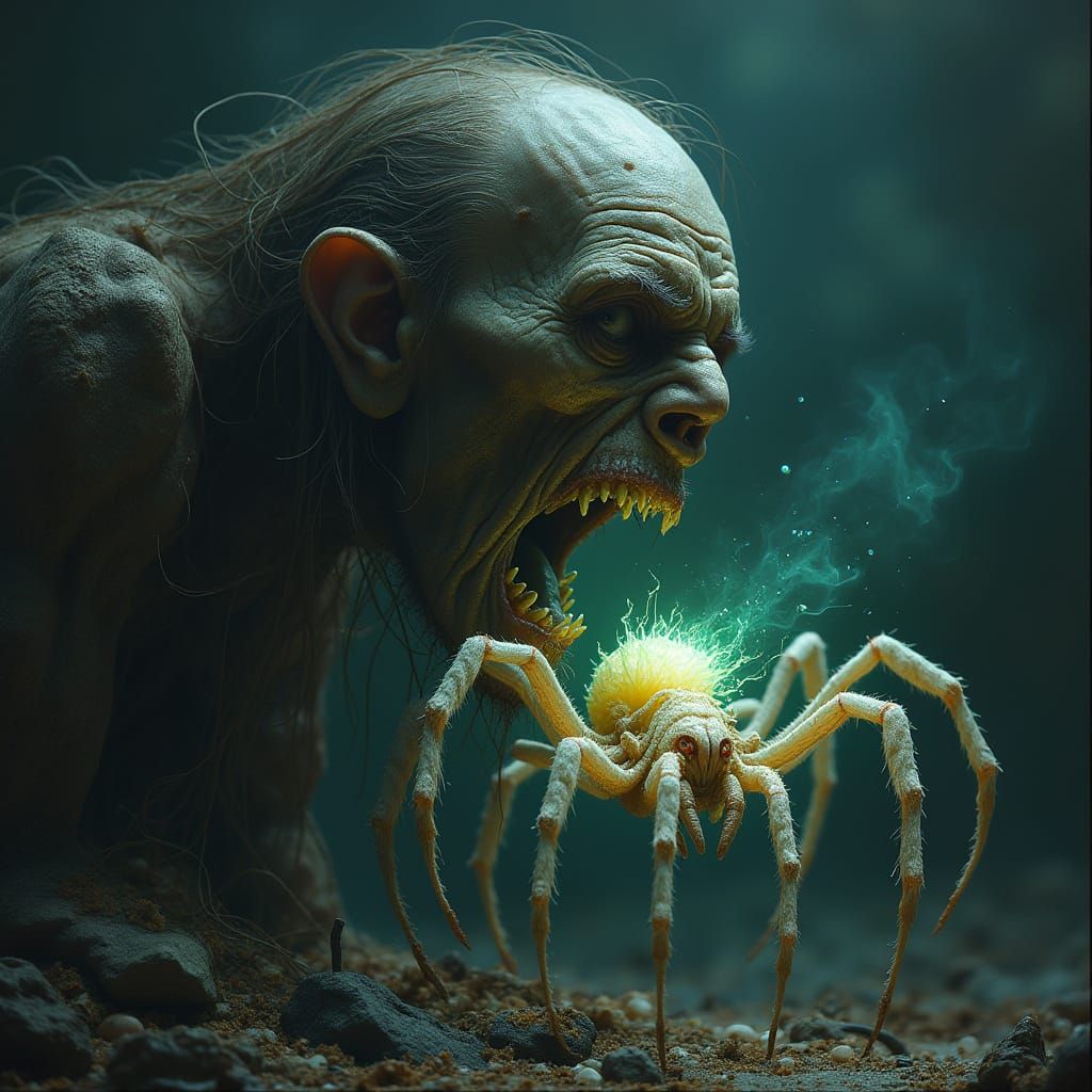 Ancient Hermit Confronts Radiant Spectral Spider