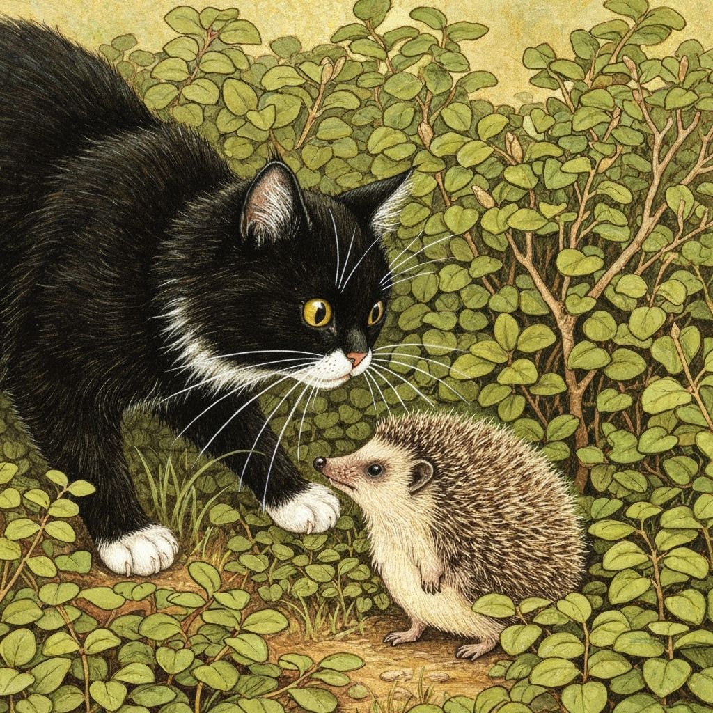 Cat and Hedgehog Encounter: Gouache Painting in Earth Tones