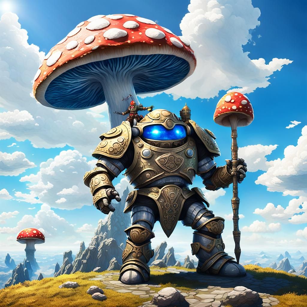 Manga-Inspired Warrior in Giant Mushroom World