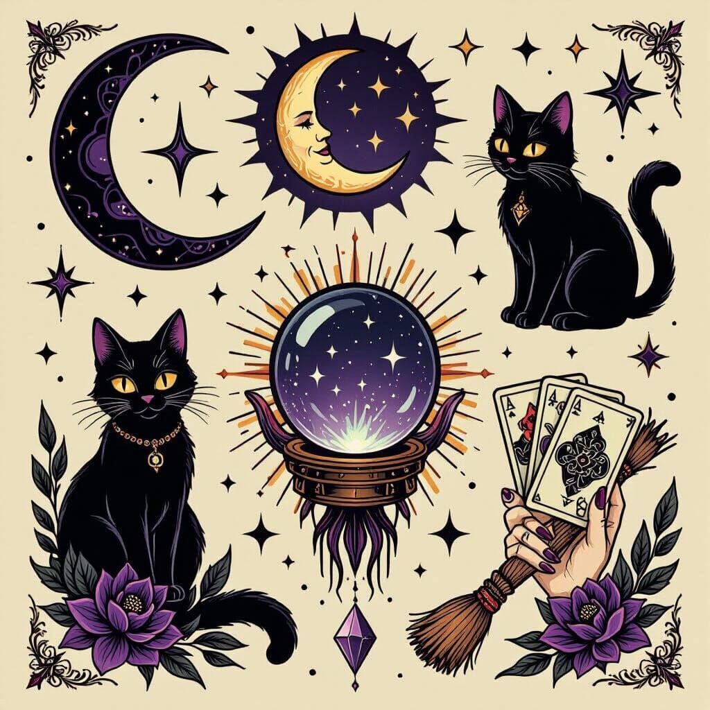 Mystical Tattoo Flash Sheet with Cats and Tarot Cards