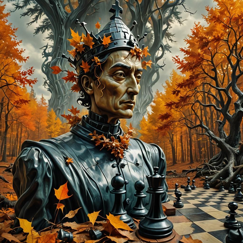 Surreal Autumn Chess Landscape in Dreamlike, Eerie Setting