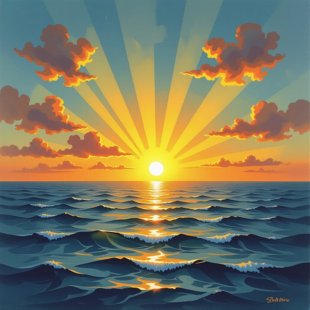 Sunrise Crepuscular Rays in Surreal Impasto Watercolor