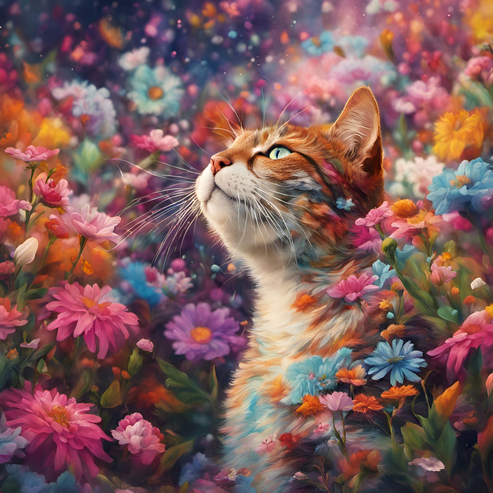 Vibrant Psychedelic Feline in Floral Wonderland