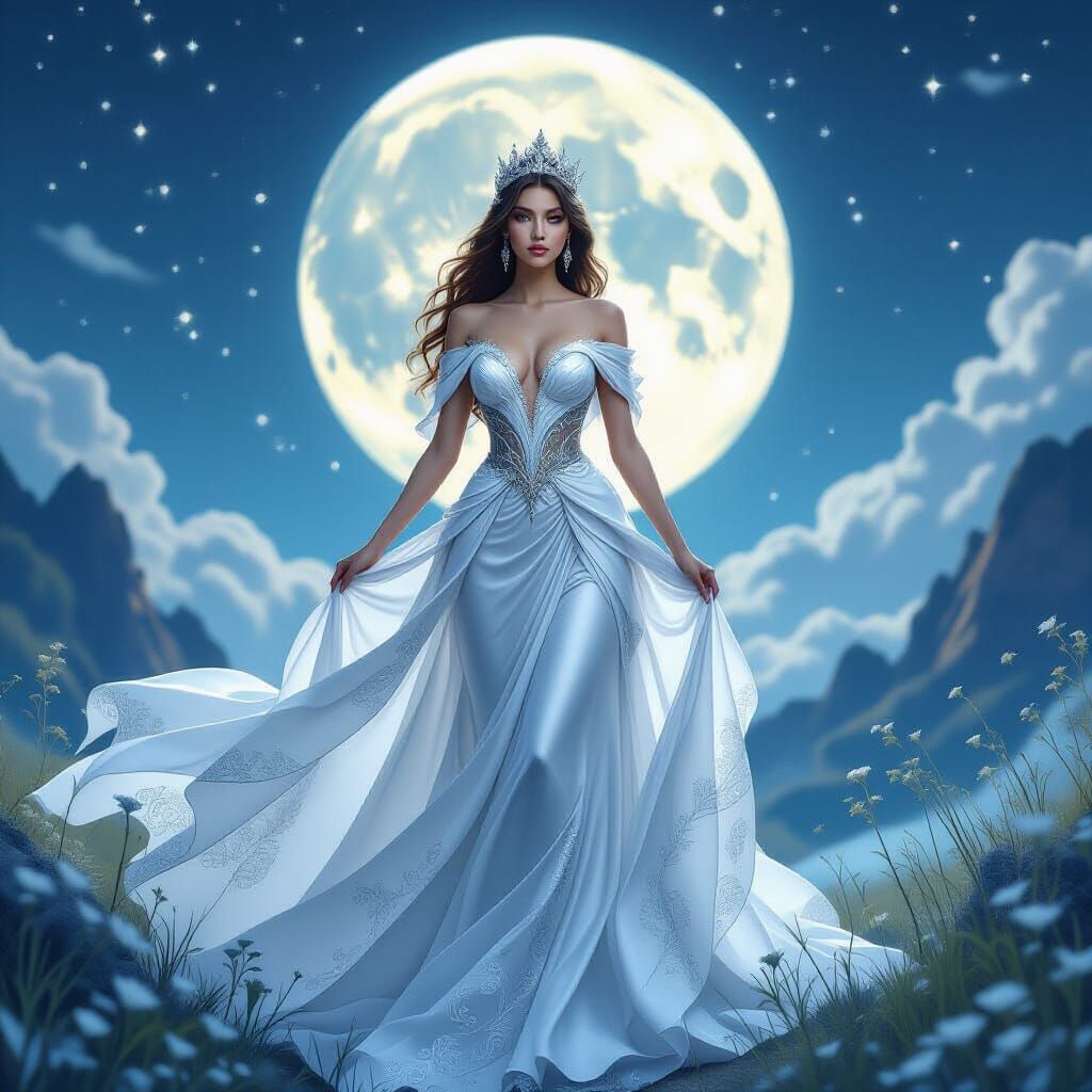 Lunar Queen in Silver Gown, Dreamy Digital Art