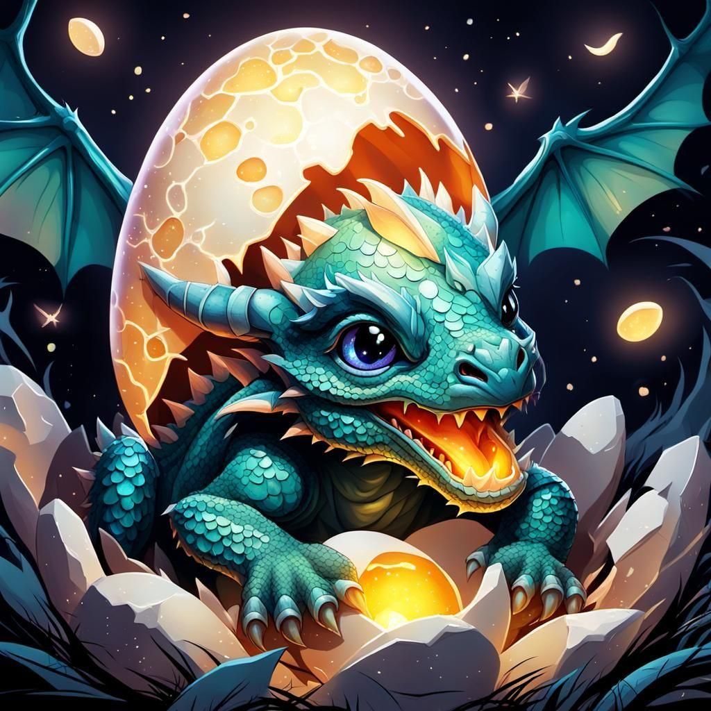 Cute Baby Dragon Hatches in Midnight Serenity