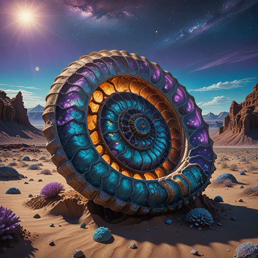 Colossal Ammonite Fossil in Alien Desert, Matte Painting