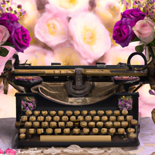 Elegant Victorian Typewriter Surrounded by Lavish Roses in P...