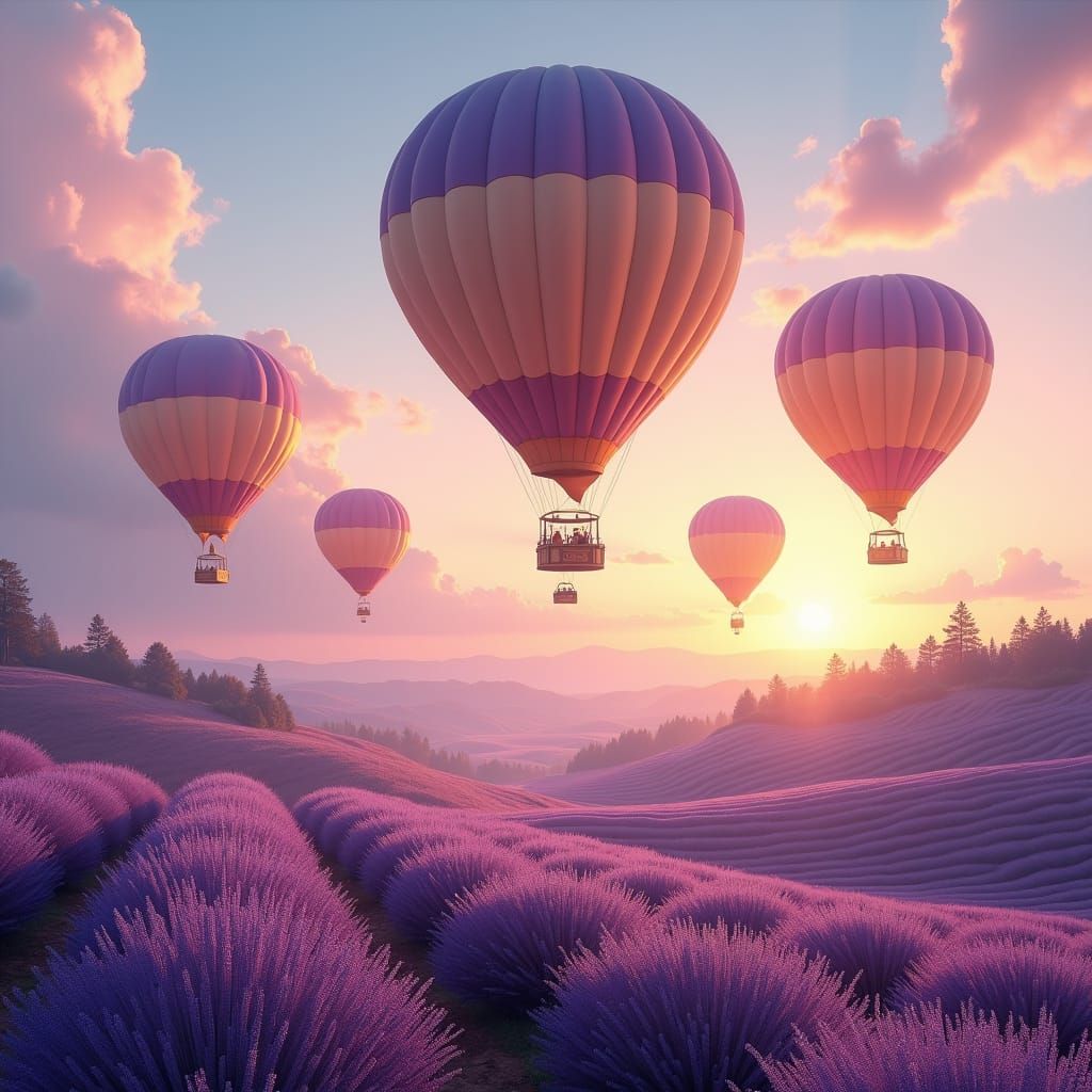 Lavender Fields and Steampunk Balloons at Sunset
