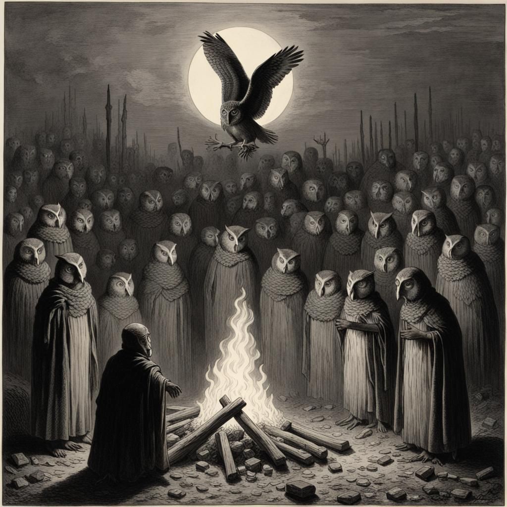 Owl Cult Ritual in Darkened Landscapes