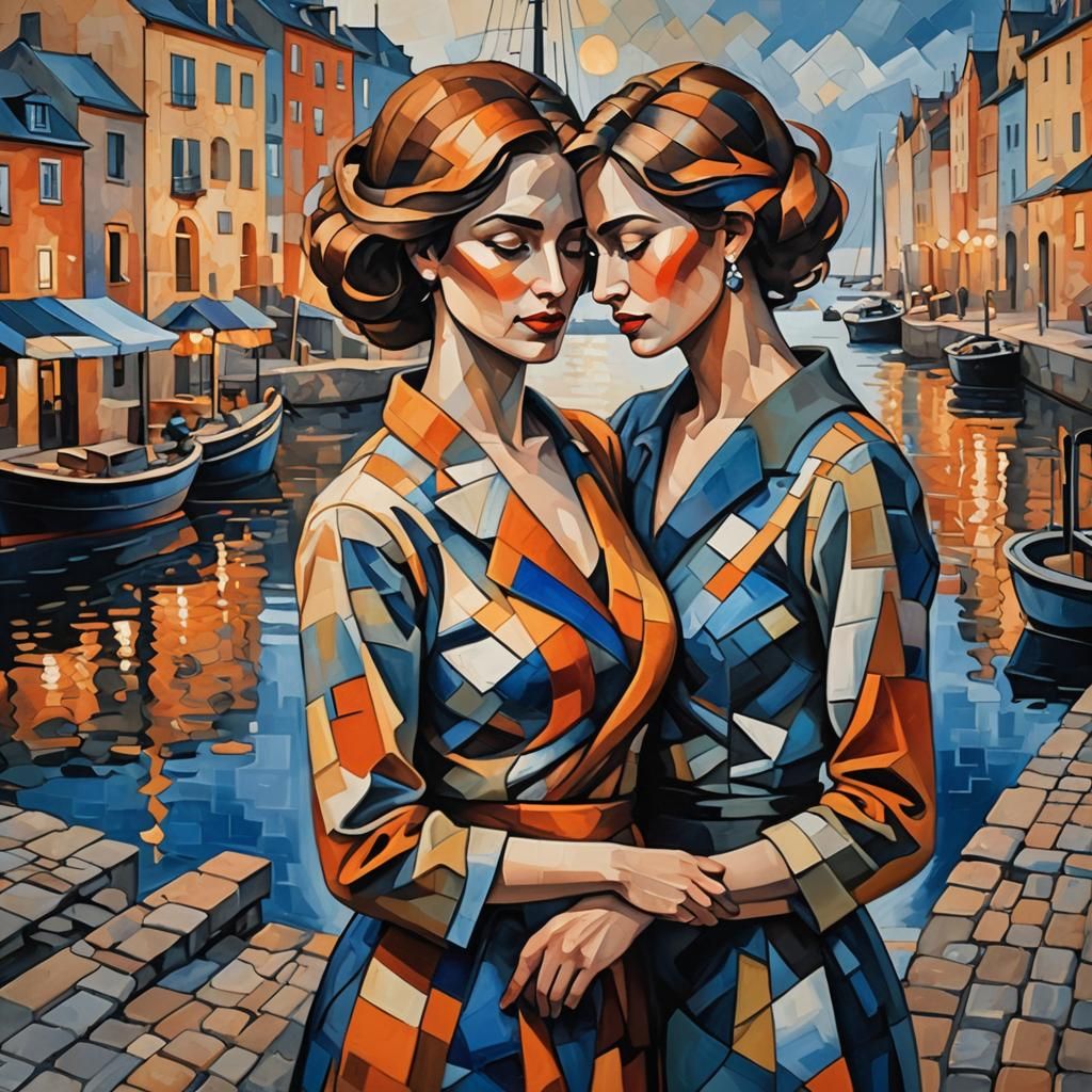 Cubist Harbour Embrace in Vibrant Dusk Light