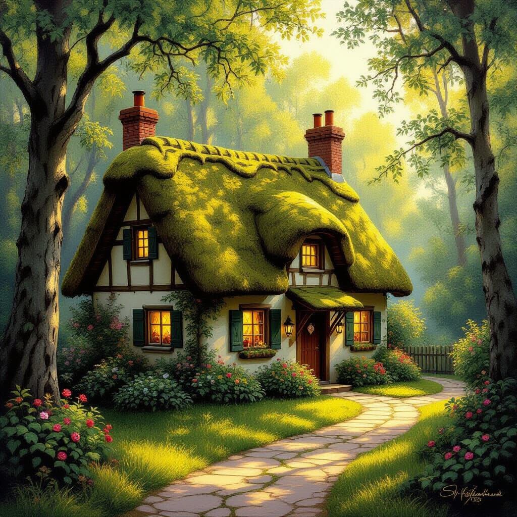 English Cottage in Sunlit Forest, Kinkade Style