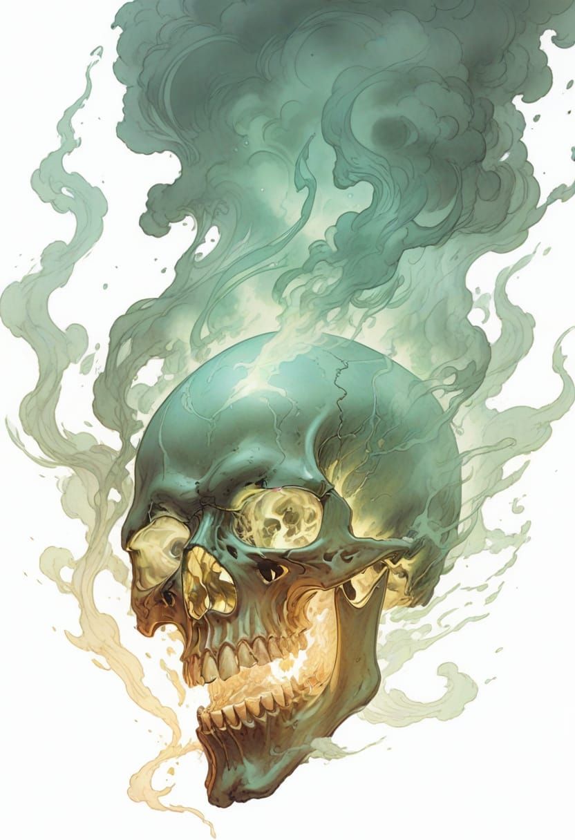Skull Floating in Vivid Smoke, Detailed RPG Illustration