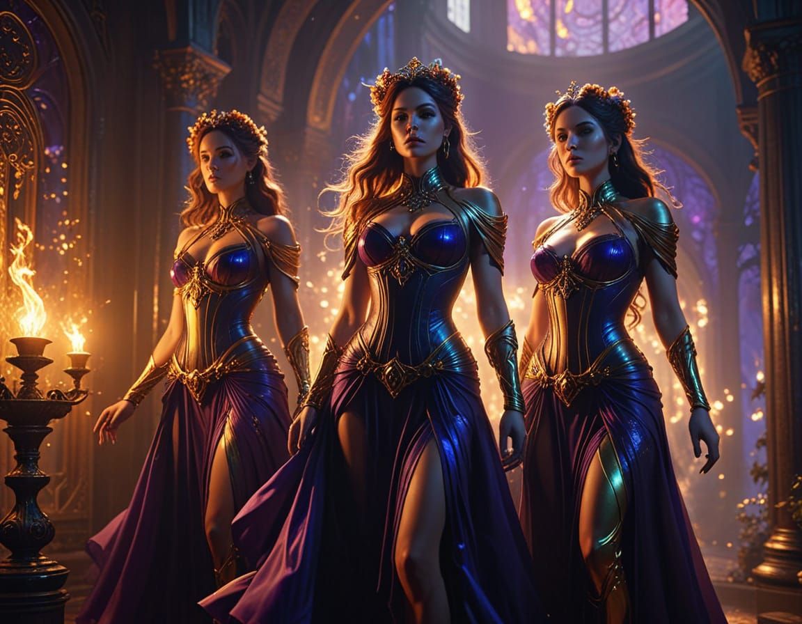 The three Halliwell sisters are dressed in latex costumes an...