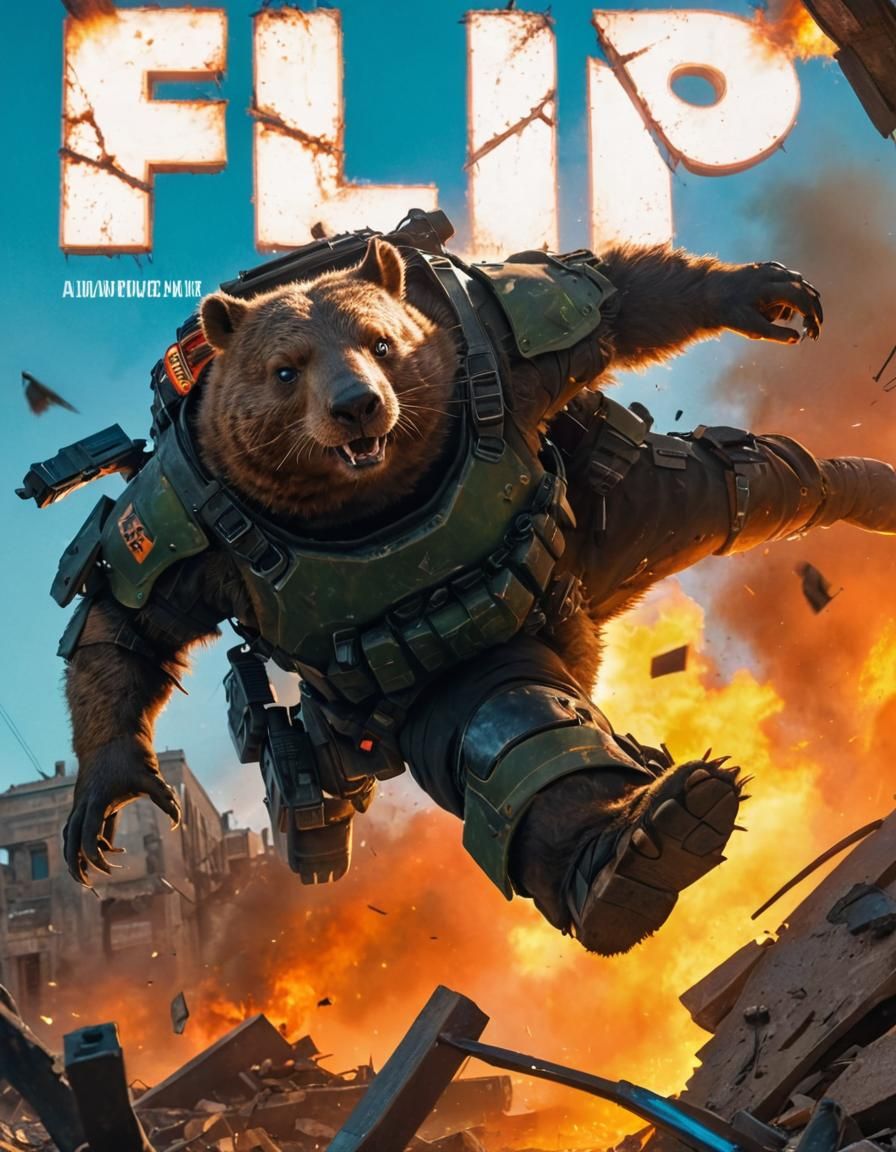 Hyper-Realistic Wombat Soldier Charging into a Ruined Apocal...