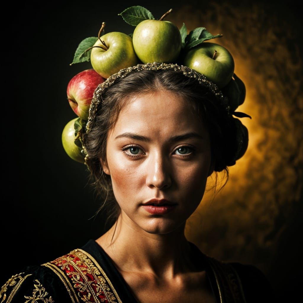 Portrait of a Young Woman with a Hyperrealistic Apple