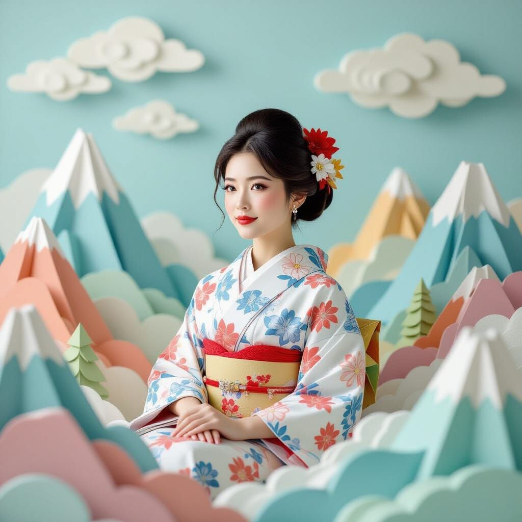 Origami Dreamscape: Woman in Surreal Folded Paper Landscape