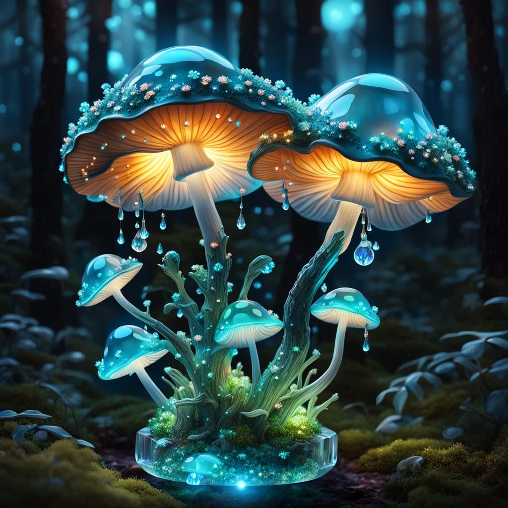 Glowing Jade Crystal Glass Mushroom Sculpture in Night Fores...