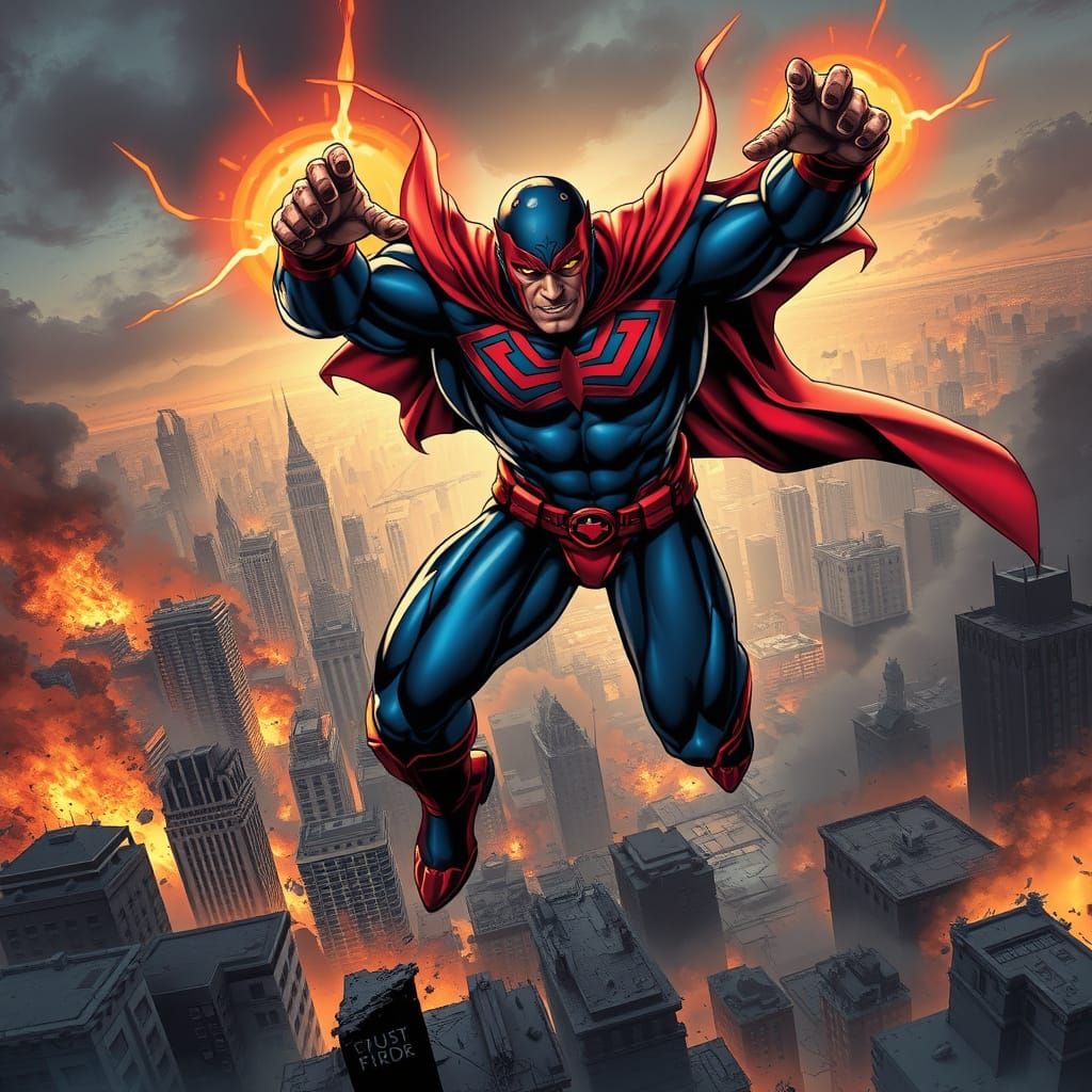 Viltrumite Superhero Over Ruined City in Comic Style