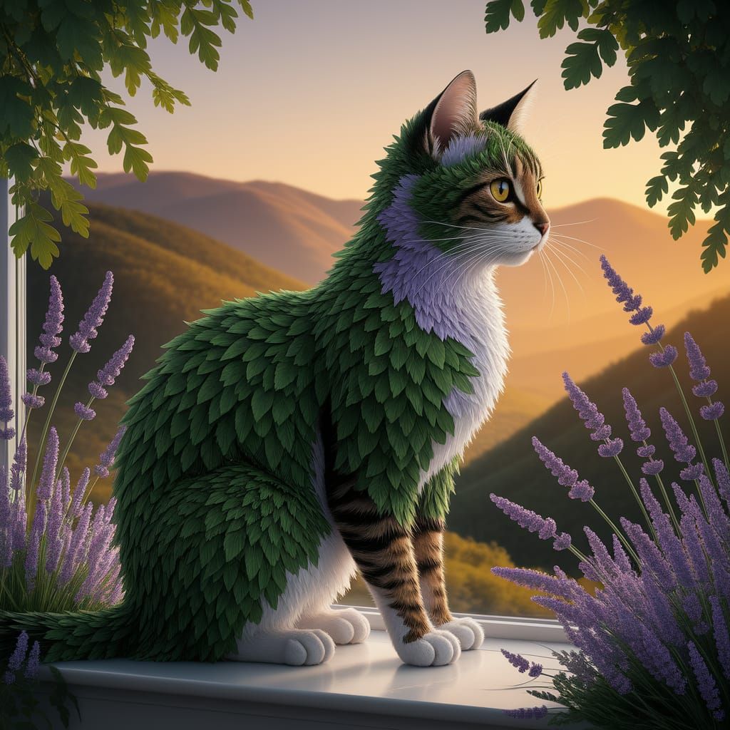 Cat Made of Catnip and Lavender Gazing at Sunset