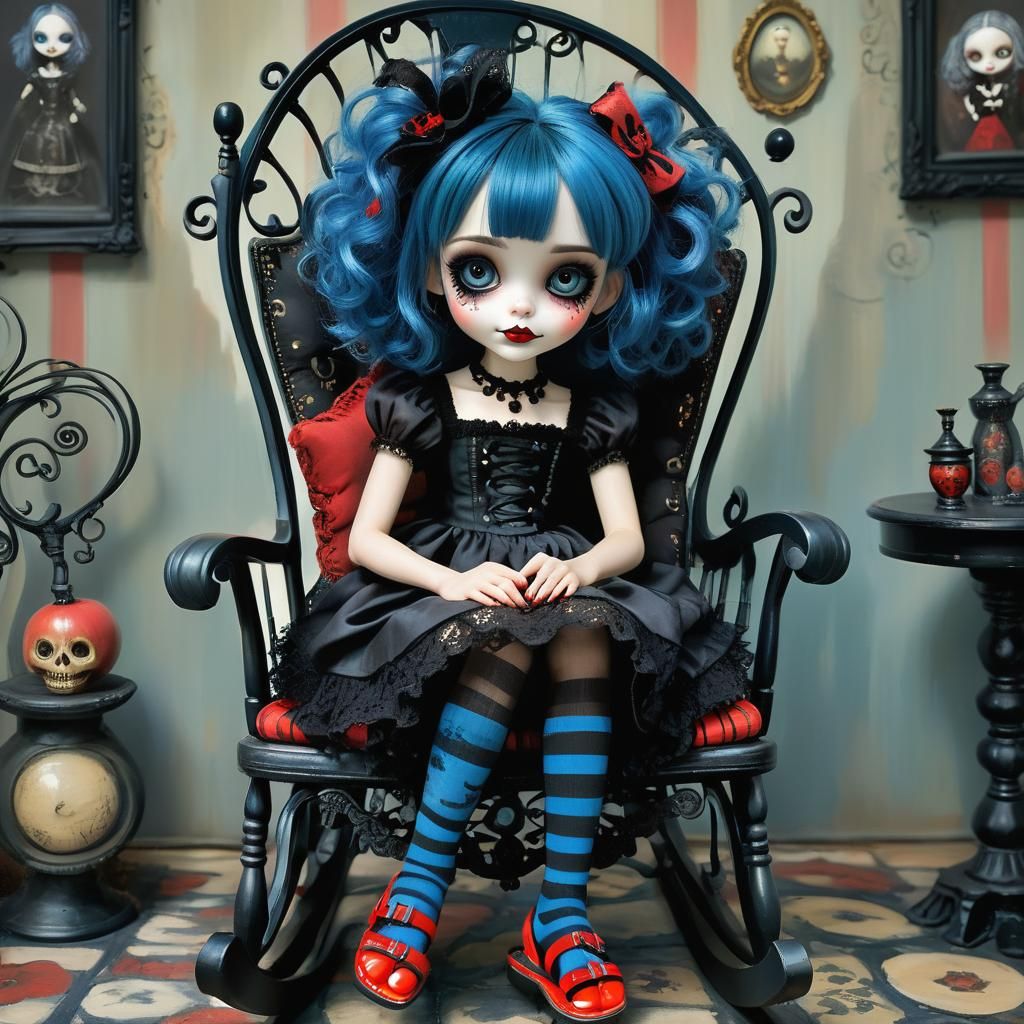 Gothic Girl with Doll in Anime-Inspired Style