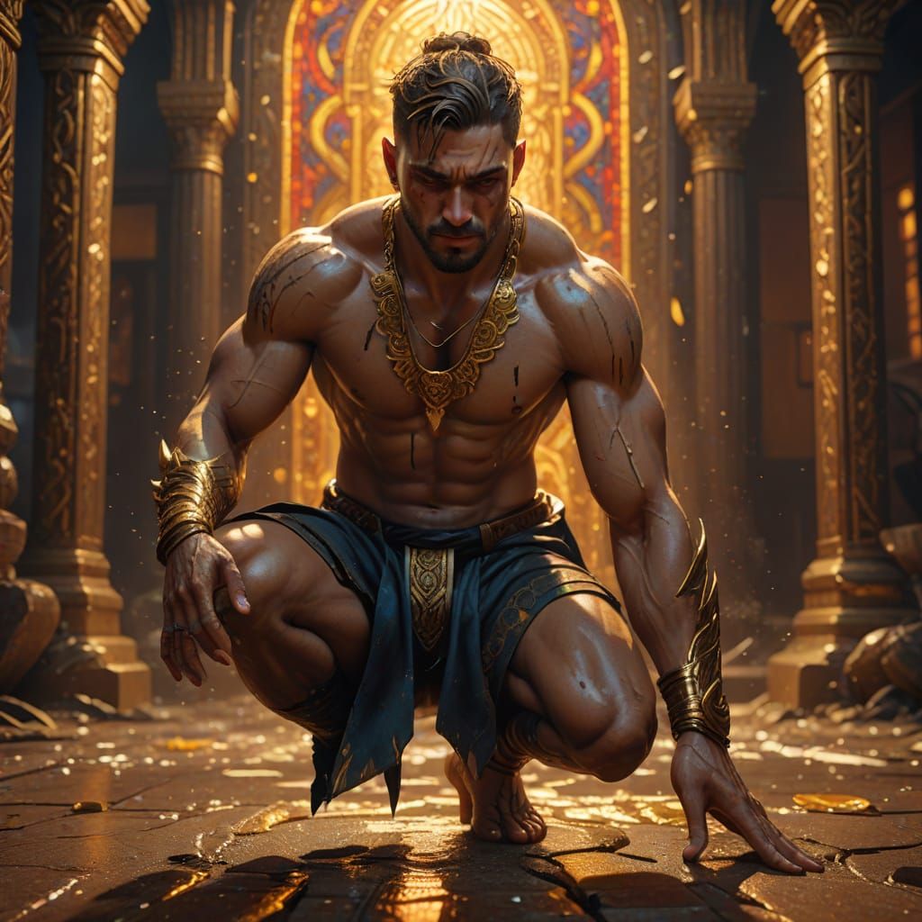 Masculine Man Kneels in Colorful Fantasy Art