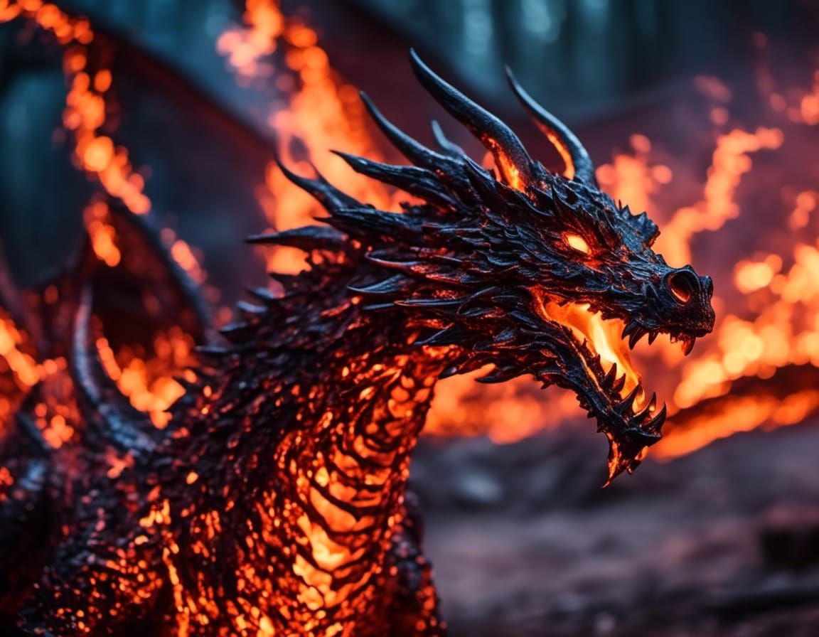 Cyberpunk Flames Dragon in Epic Mid Shot