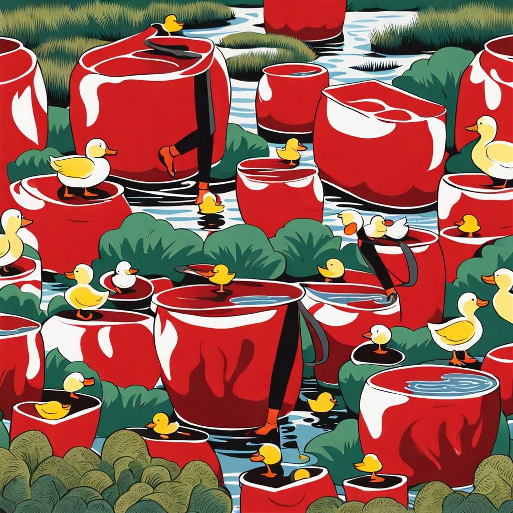 Girl Walking Beside Serene Pond with Quacking Ducks