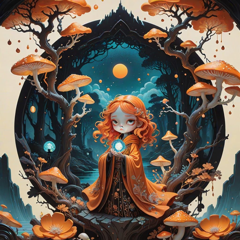 Surreal Mystic Goddess in Vibrant Orange Dreamscape