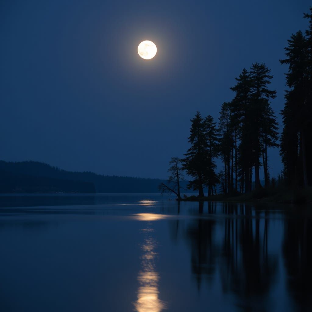 Moonlit Lake with Silhouetted Trees