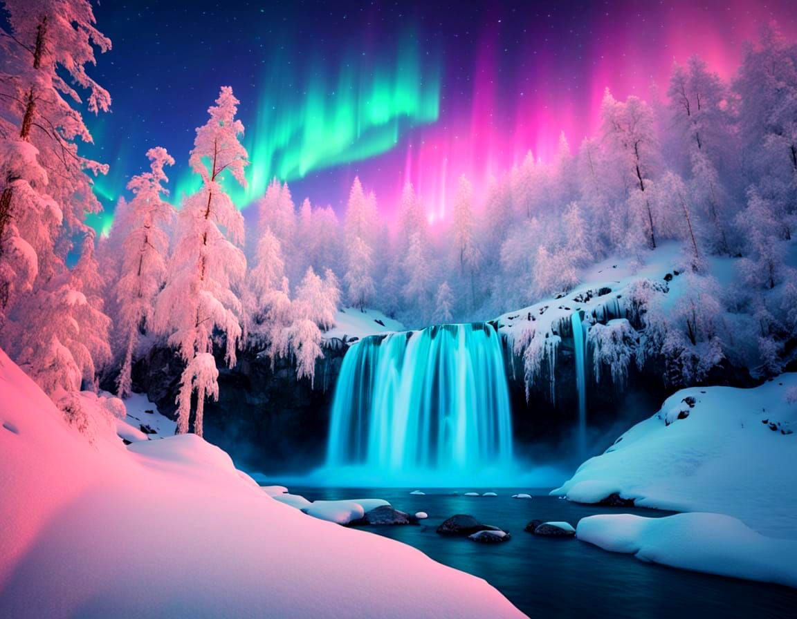 Splendid Arctic Waterfall Under Northern Lights