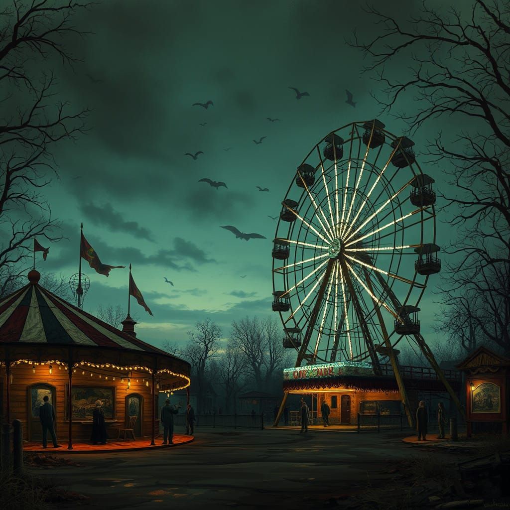 Eerie Abandoned Carnival at Dusk with Creepy Ferris Wheel