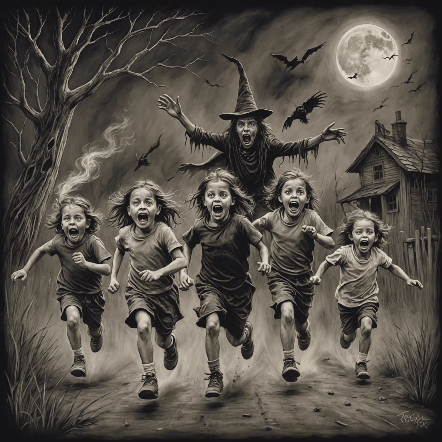 Terrified sisters running from the witch doctor,  "ooh ee oo...