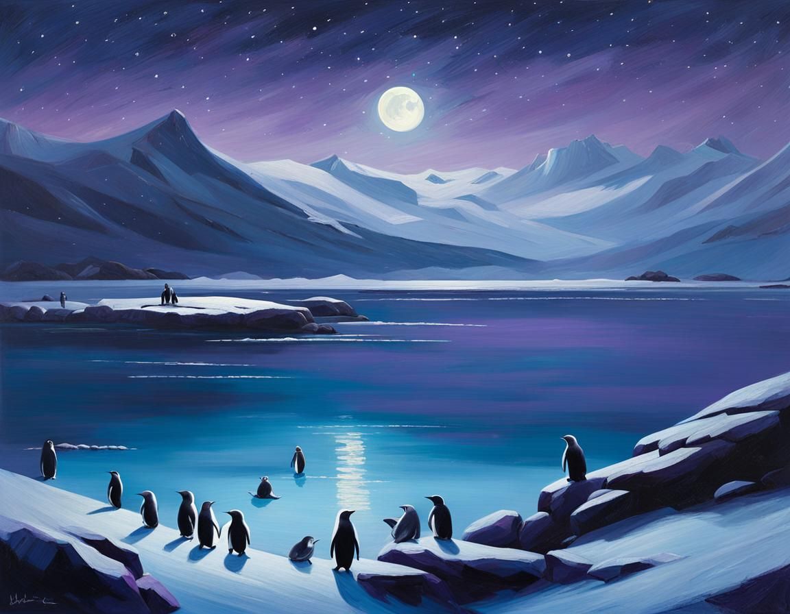 Dreamy Antarctic Landscape with Penguins and Seals Under Sta...