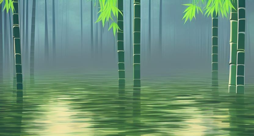 Whimsical Japanese Bamboo Forest Landscape in Vibrant Colors