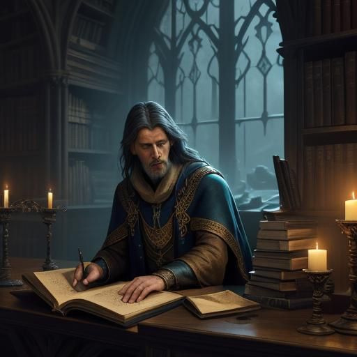 Medieval Wizard Studies Ancient Tomes in Golden Hued Library