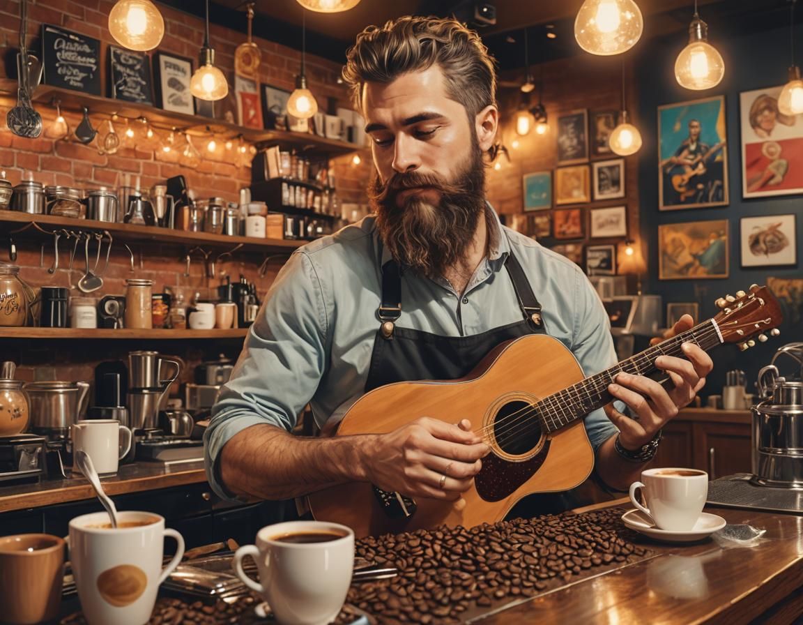 Colorful Coffee Shop Scene with Barista as Guitar Tech