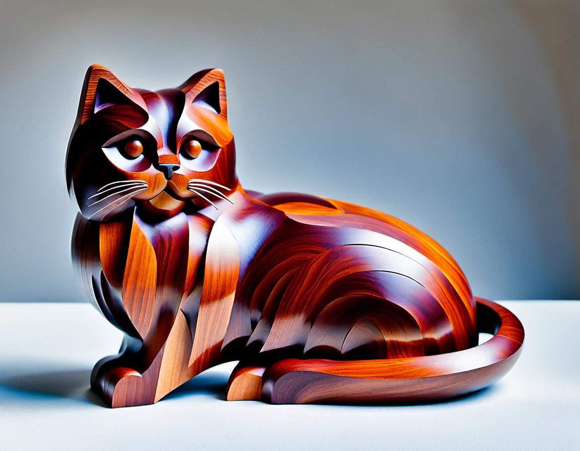Minimalist Wood Sculpture of a Fluffy Persian Cat