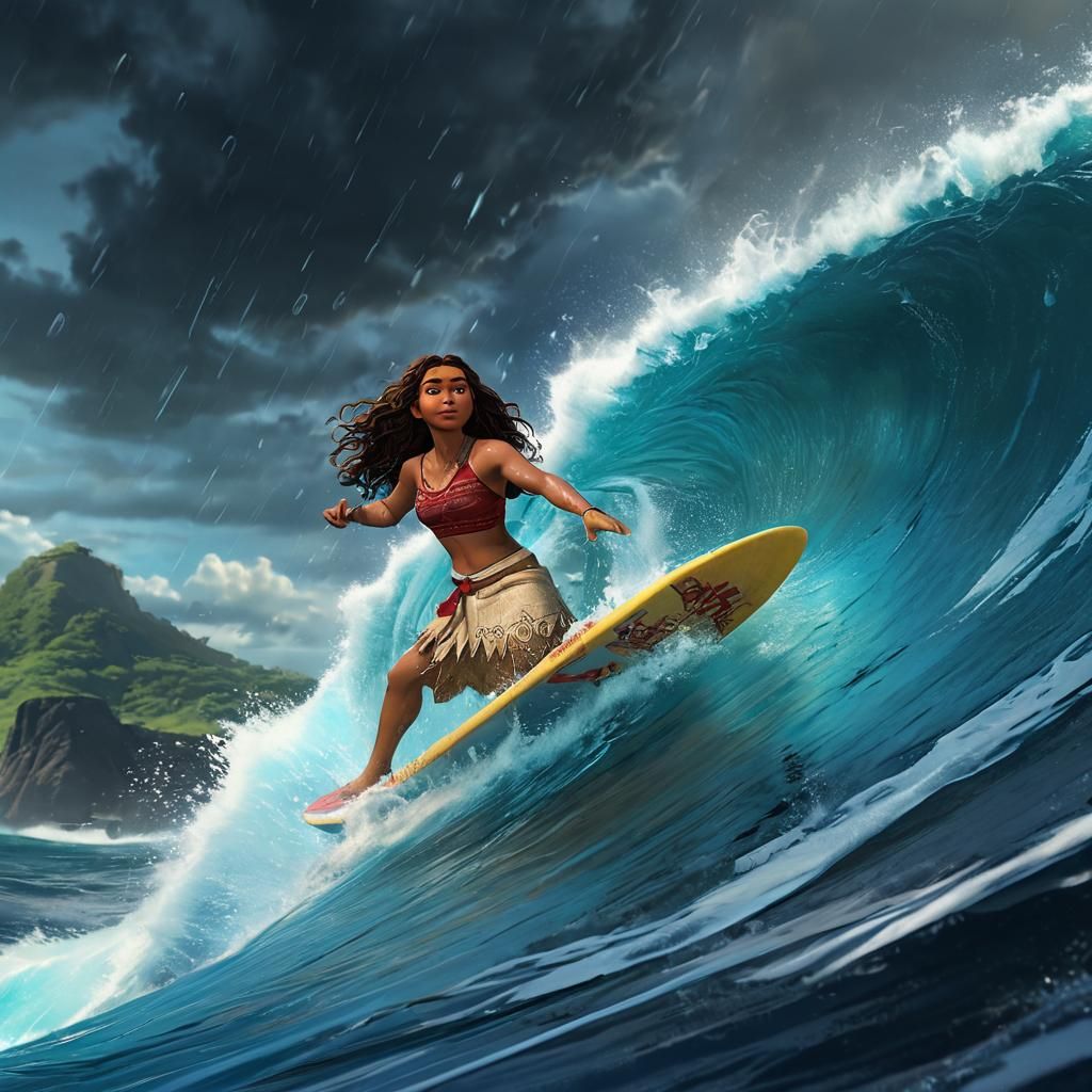 Moana Rides the Stormy Waves in a Vibrant Cyberpunk Aestheti...