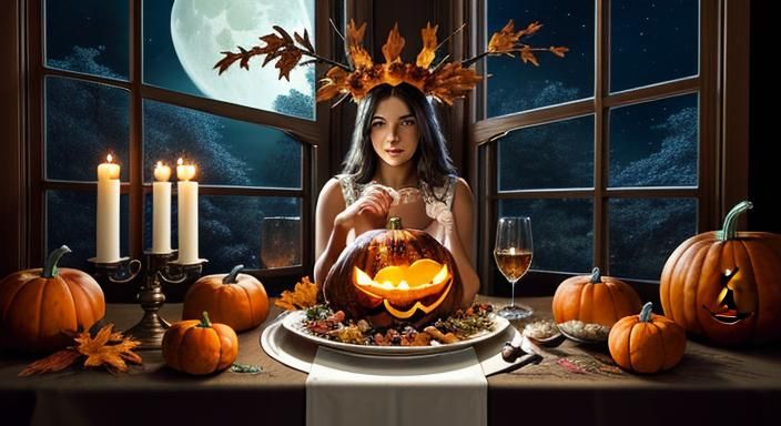 Whimsical Harvest Goddess Under Starry Night Sky