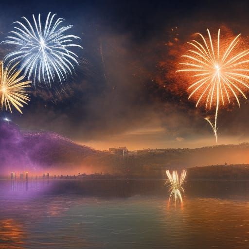 Epic Cinematic Digital Matte Painting of Brilliant Fireworks