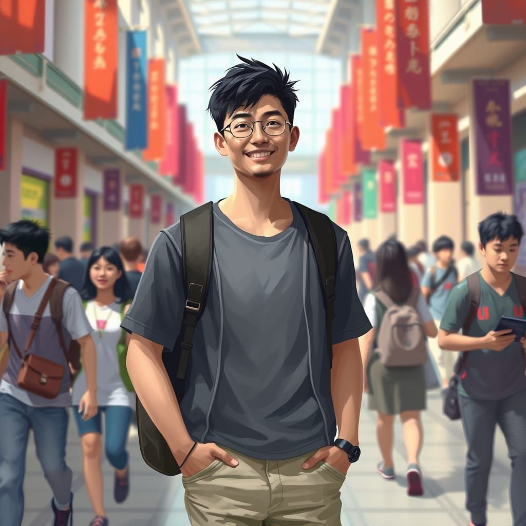 Smiling Student on University Campus in Digital Painting Sty...