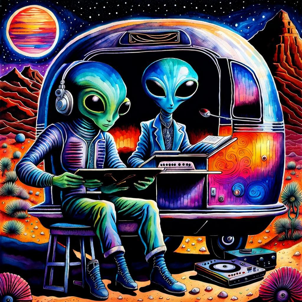 Mysterious Alien DJ in Desert Oasis