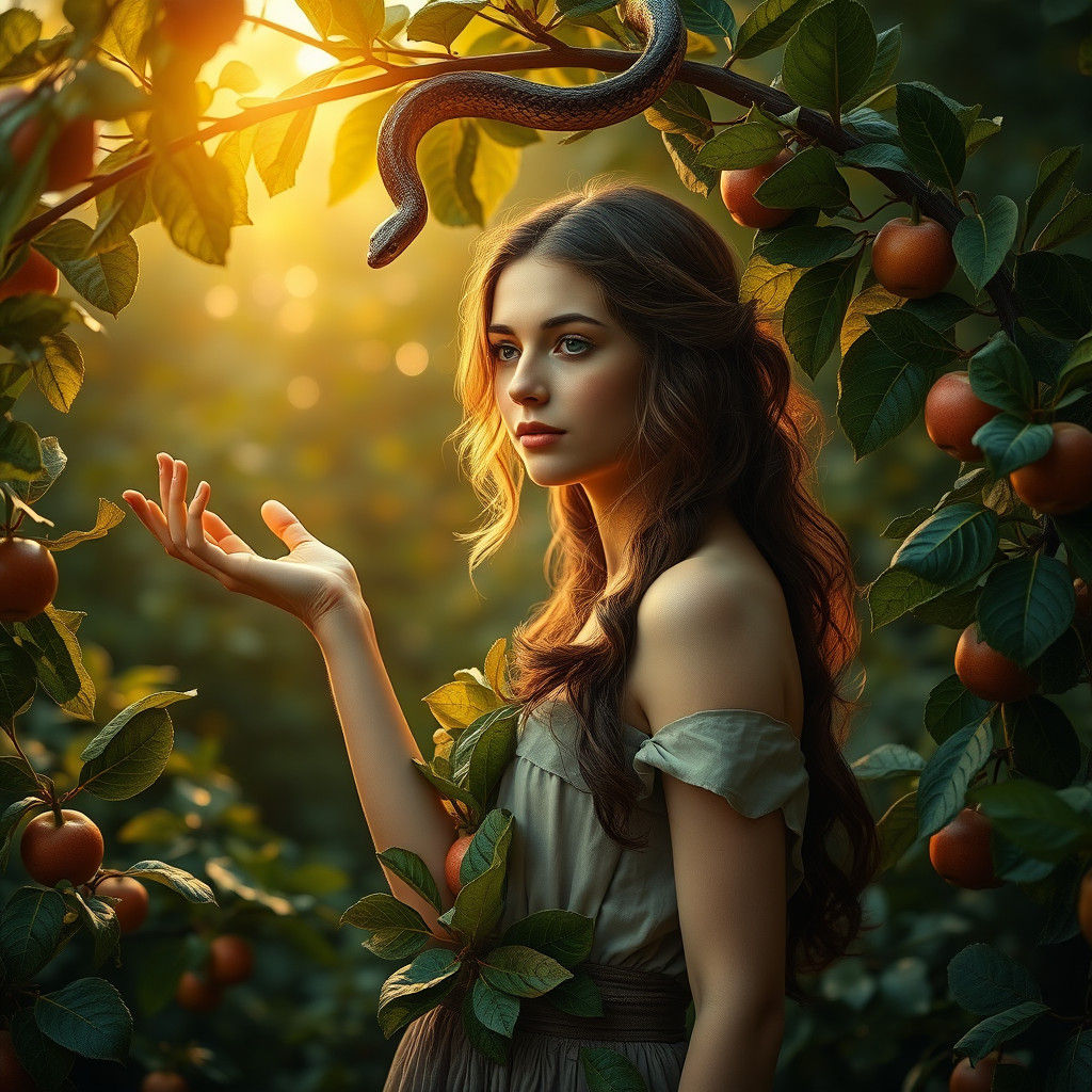 Ethereal Female Form Adorned in Fig Leaves Amidst Lush Fores...