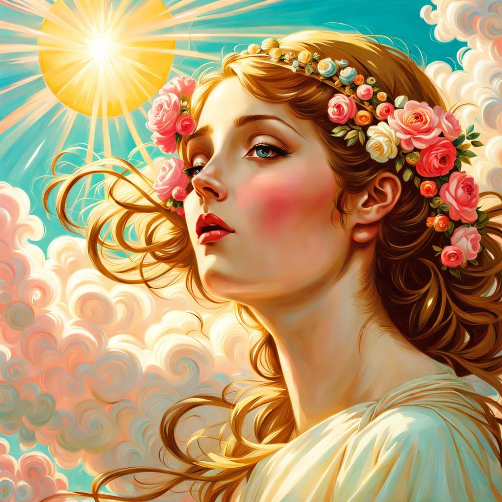 Angel in Heavenly Sunshine Amidst Soft Focus Clouds