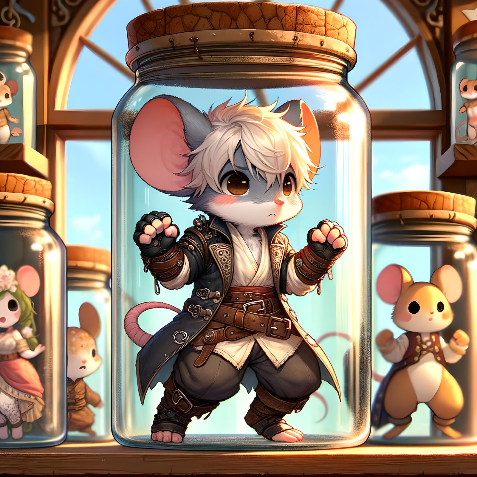 Anime Warrior Mouse Trapped in Glass Jar