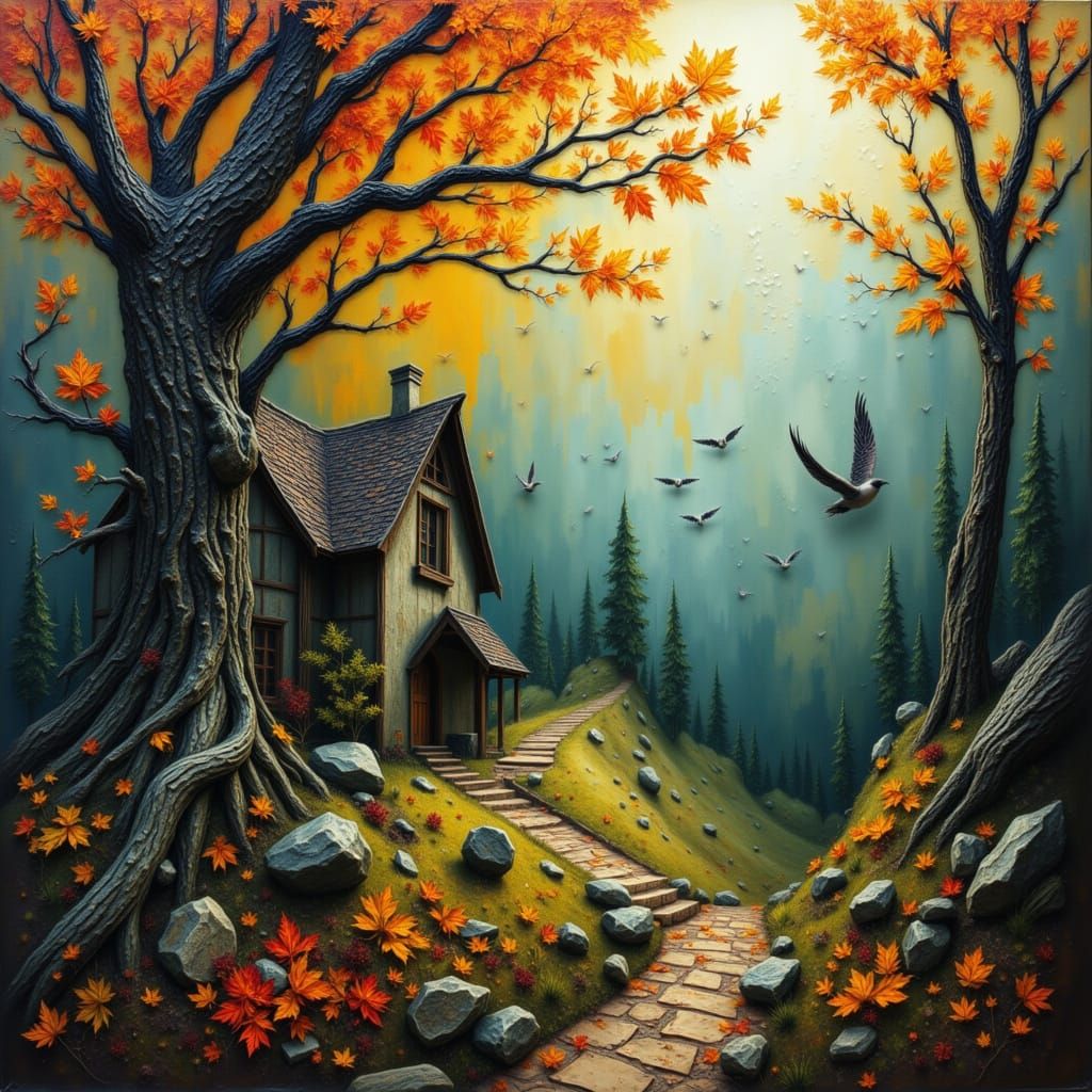 Enchanting Autumn Forest Cottage with Volumetric Light